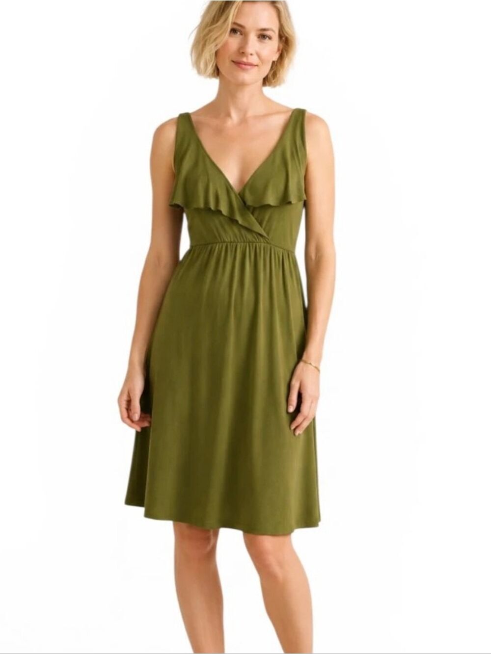 J.Crew Olive Green Ruffle Surplice Dress XS Sleeveless Knee Length